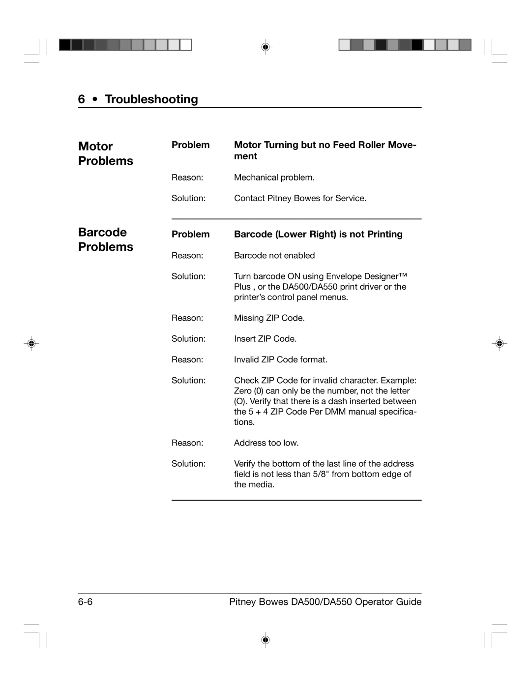 Pitney Bowes DA500 Troubleshooting Motor Problems, Barcode Problems, Ment, Problem Barcode Lower Right is not Printing 