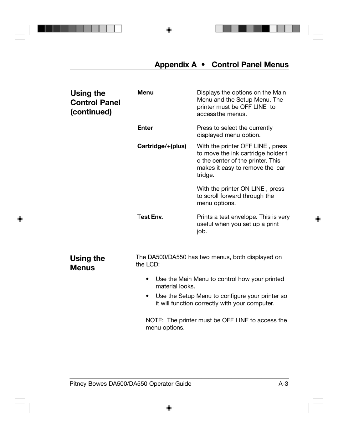 Pitney Bowes DA550, DA500 manual Using the Menus, Enter 