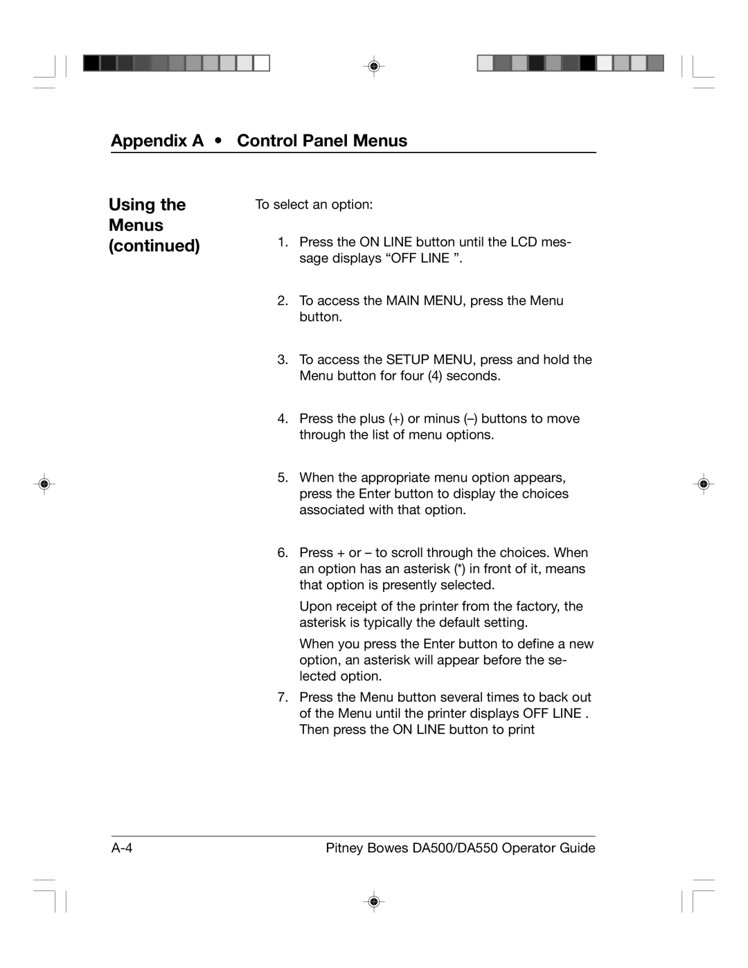 Pitney Bowes DA500, DA550 manual Appendix a Control Panel Menus Using the Menus 