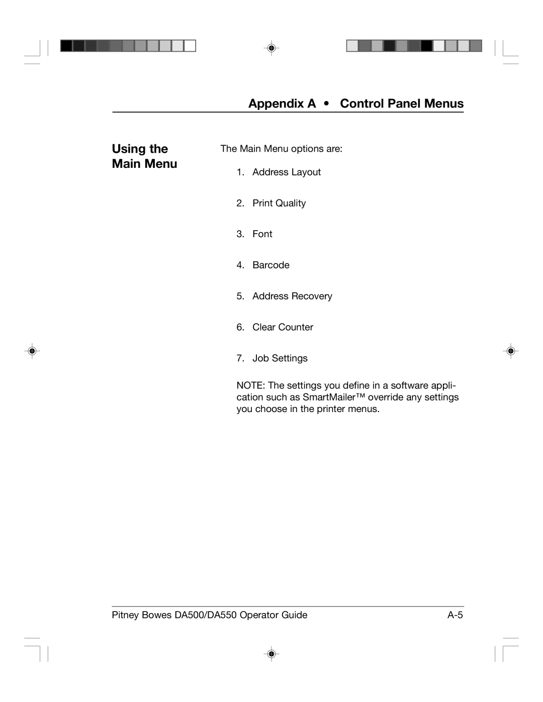 Pitney Bowes DA550, DA500 manual Appendix a Control Panel Menus Using the Main Menu 