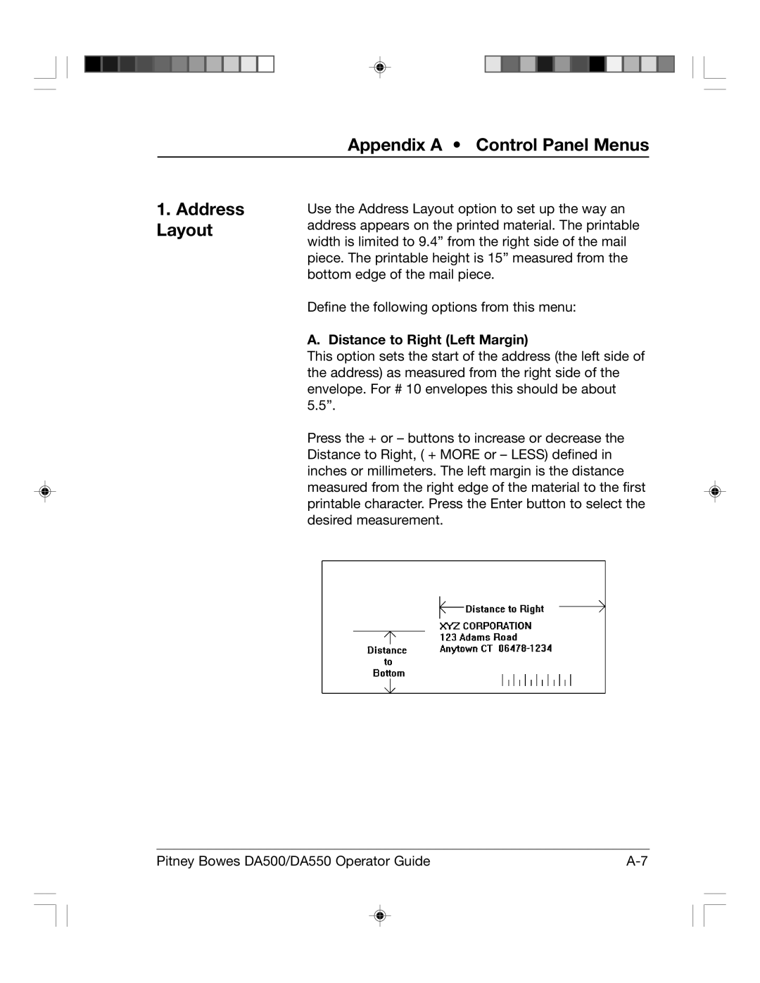 Pitney Bowes DA550, DA500 manual Appendix a Control Panel Menus Address Layout, Distance to Right Left Margin 