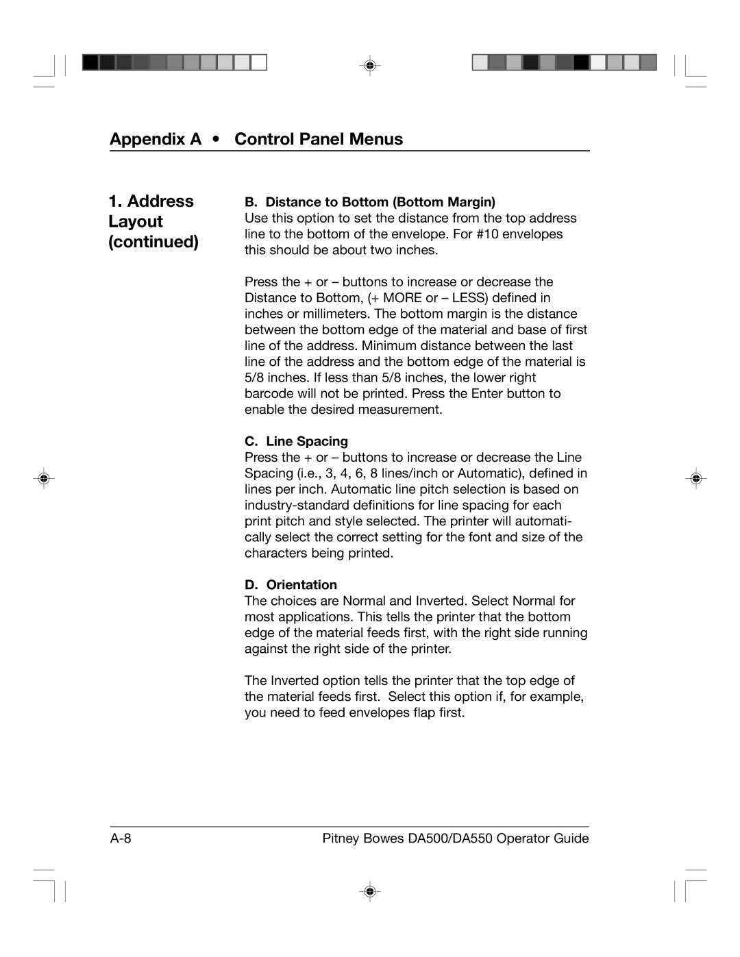 Pitney Bowes DA500, DA550 manual Distance to Bottom Bottom Margin, Line Spacing, Orientation 