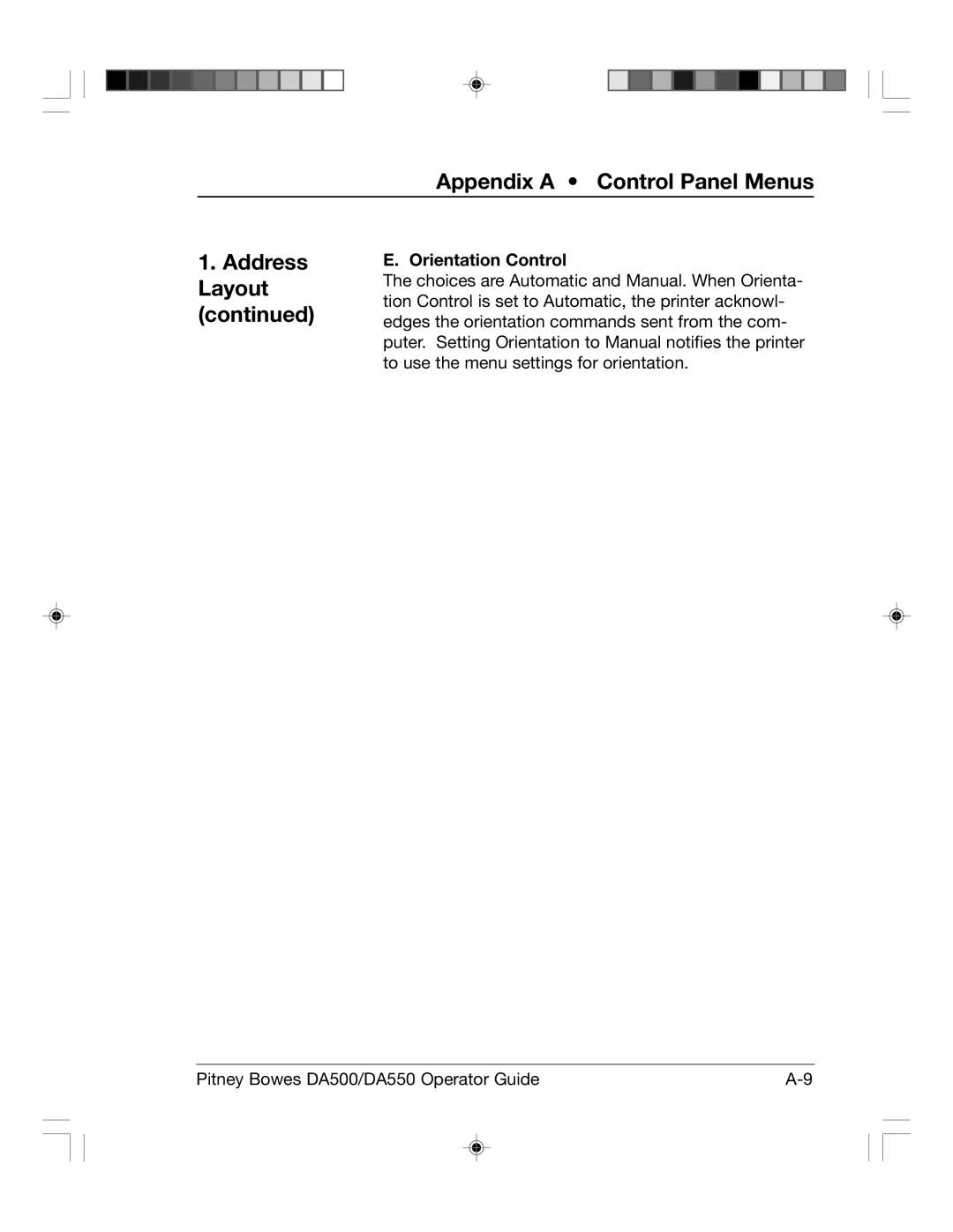 Pitney Bowes DA550, DA500 manual Address Layout, Orientation Control 