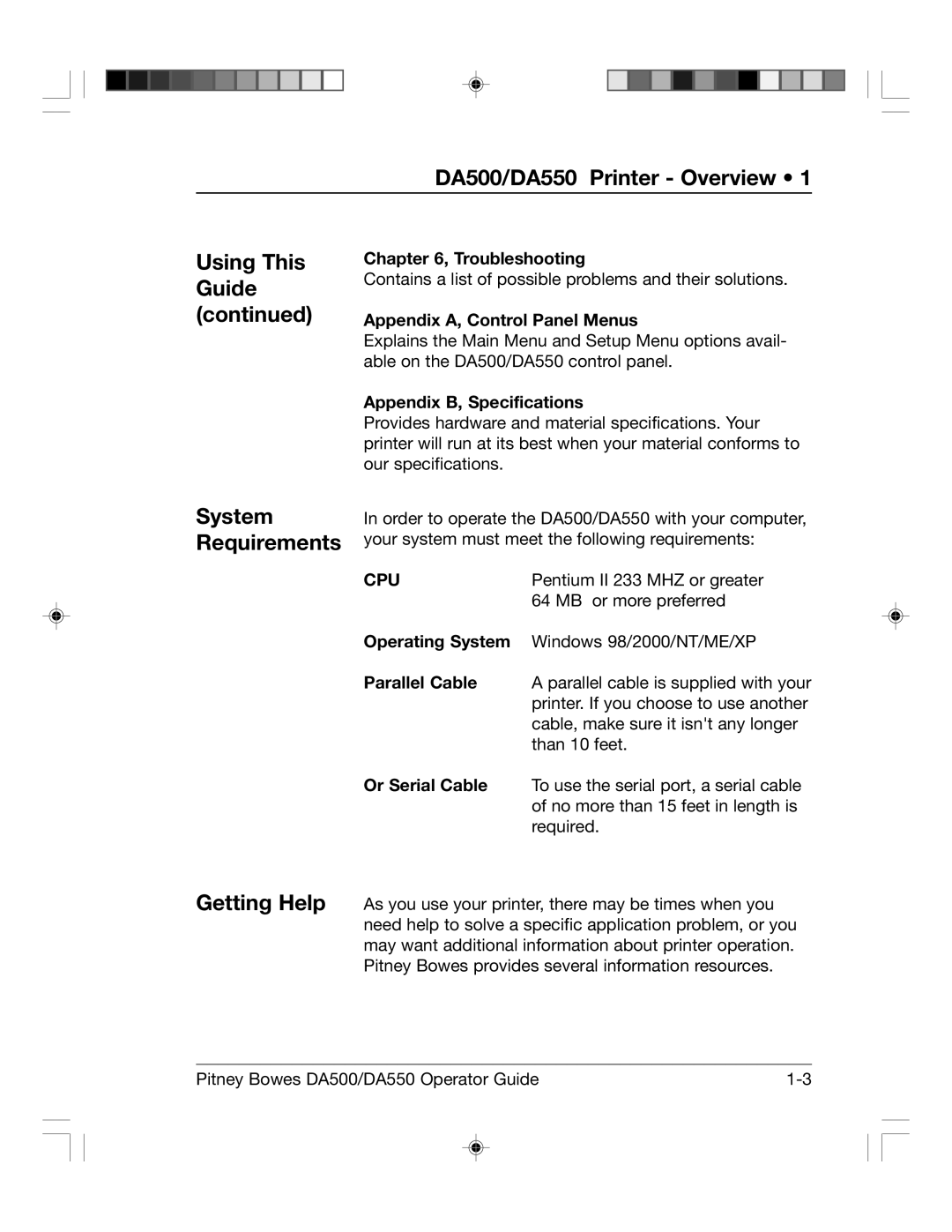 Pitney Bowes manual DA500/DA550 Printer Overview, Using This Guide System Requirements, Operating System, Parallel Cable 