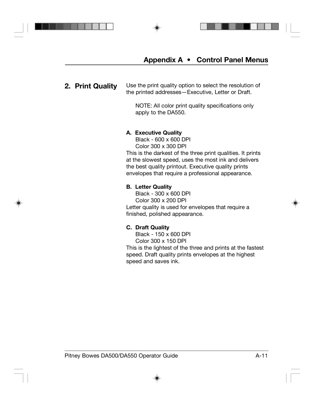 Pitney Bowes DA550, DA500 manual Appendix a Control Panel Menus 