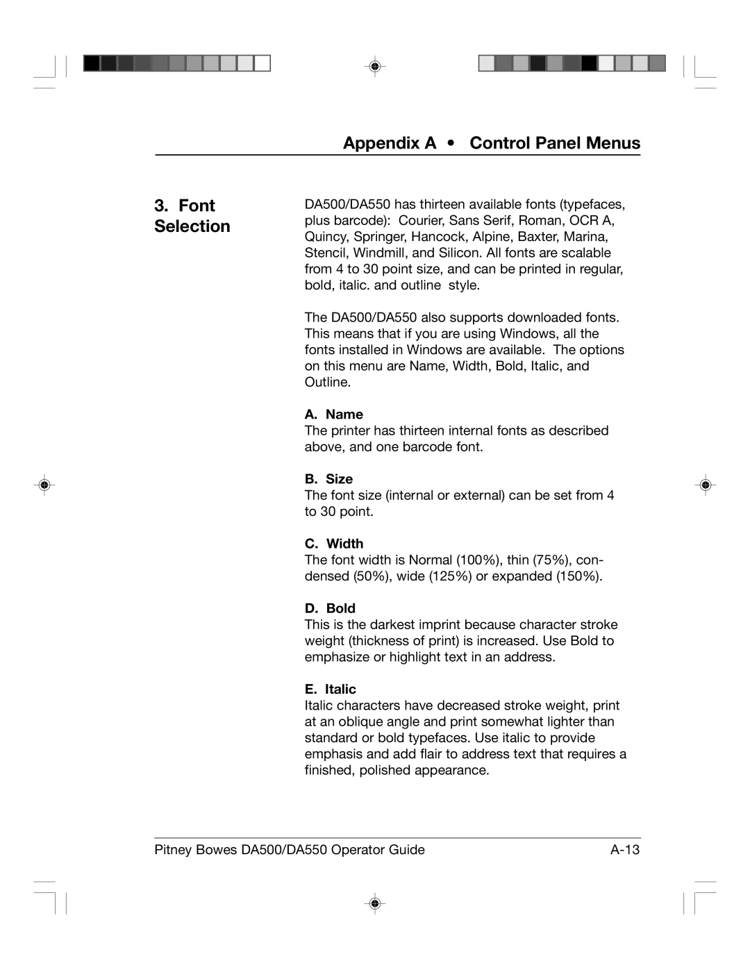 Pitney Bowes DA550, DA500 manual Appendix a Control Panel Menus Font Selection 