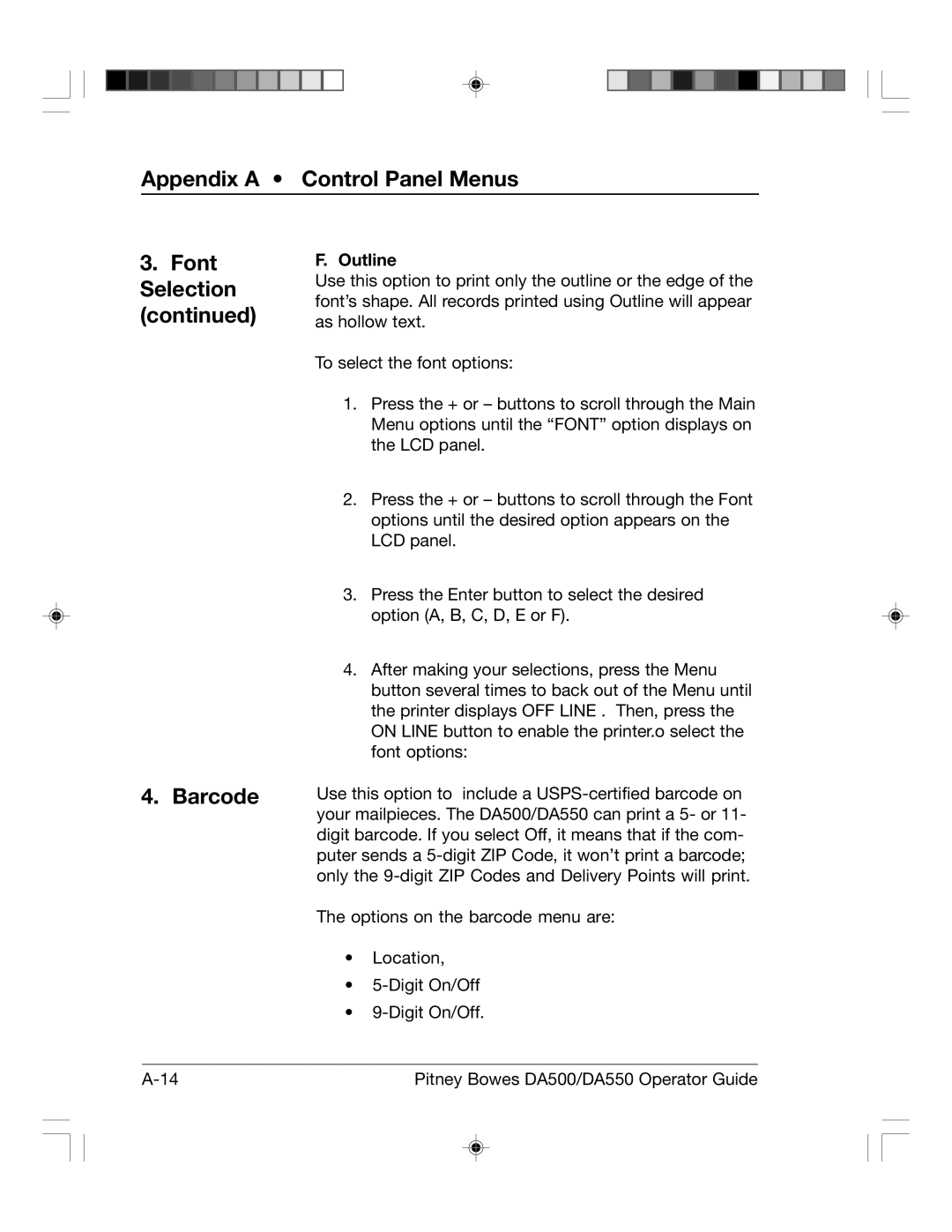 Pitney Bowes DA500, DA550 manual Appendix a Control Panel Menus Font Selection Barcode, Outline 