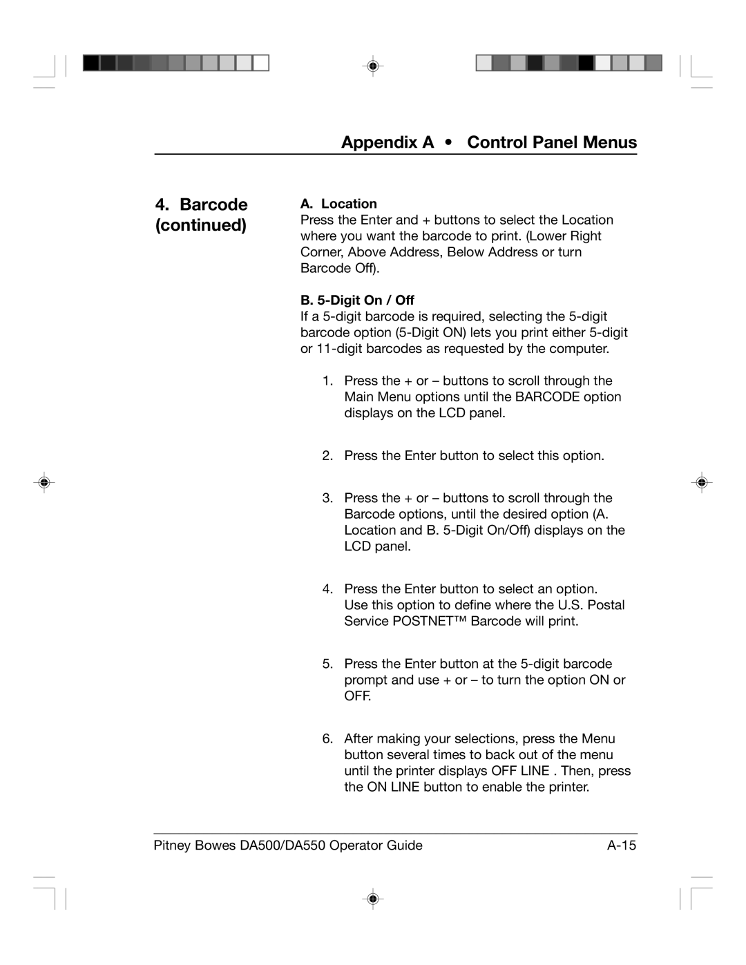 Pitney Bowes DA550, DA500 manual Appendix a Control Panel Menus Barcode, Location, Digit On / Off 