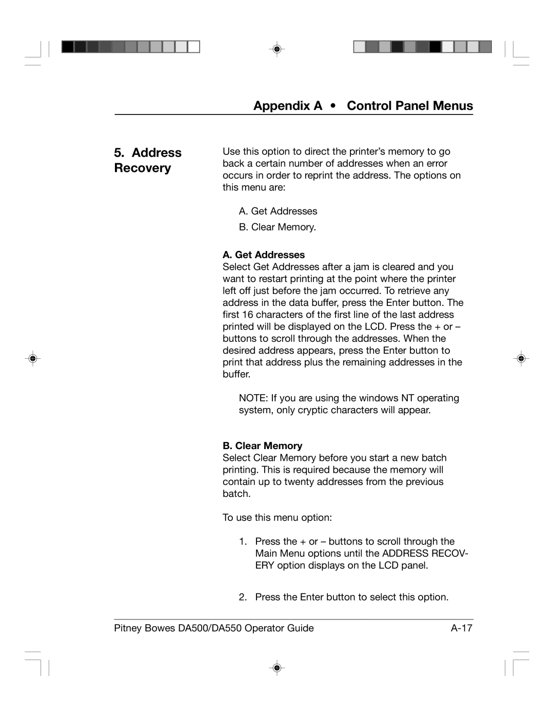 Pitney Bowes DA550, DA500 manual Appendix a Control Panel Menus Address Recovery, Get Addresses, Clear Memory 