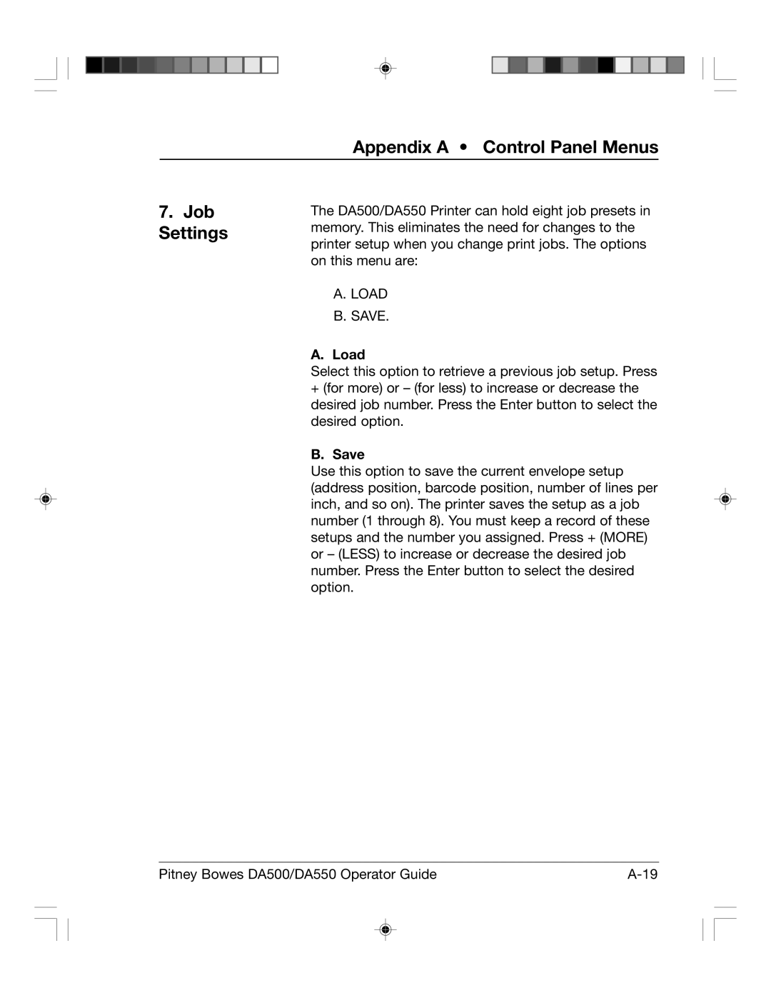 Pitney Bowes DA550, DA500 manual Appendix a Control Panel Menus Job Settings, Load, Save 