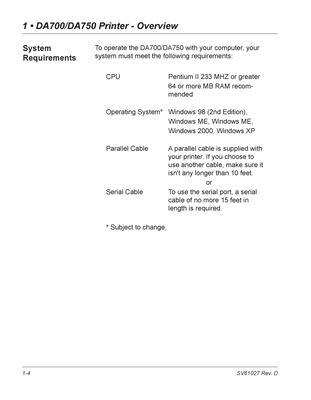 Pitney Bowes DA700, DA750 manual System Requirements, Cpu 