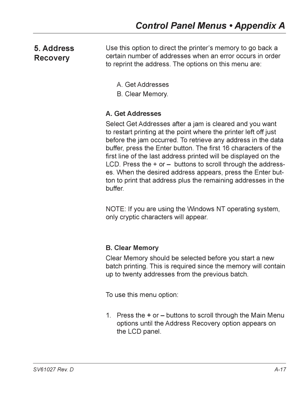 Pitney Bowes DA750, DA700 manual Address Recovery, Get Addresses, Clear Memory 