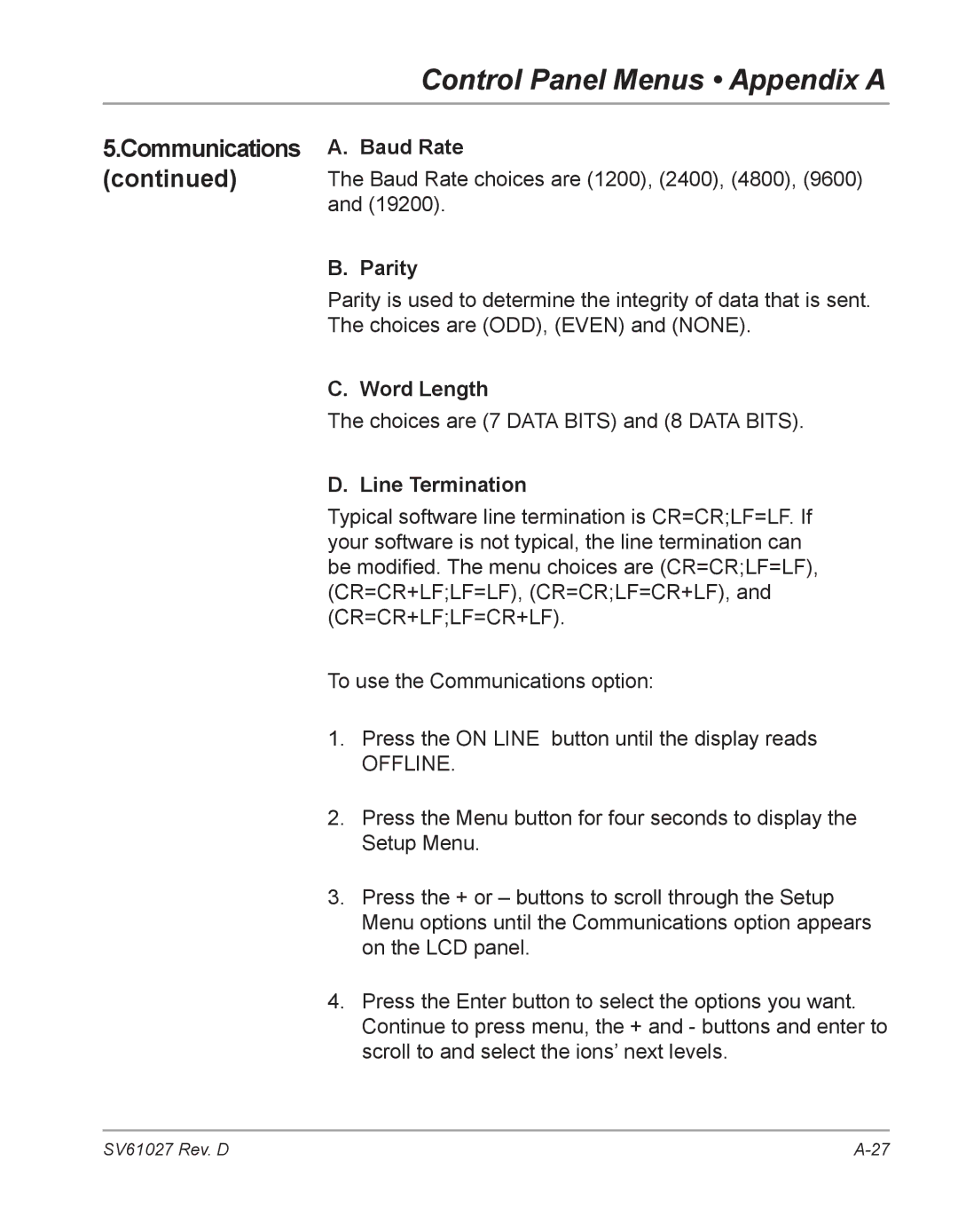 Pitney Bowes DA750, DA700 manual Communications, Baud Rate, Parity, Word Length, Line Termination 