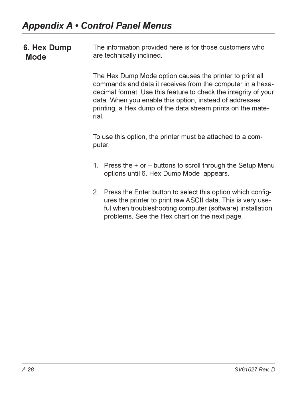 Pitney Bowes DA700, DA750 manual Hex Dump Mode 