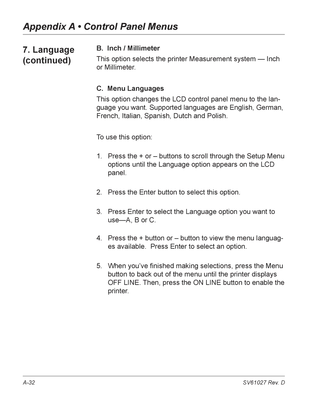 Pitney Bowes DA700, DA750 manual Inch / Millimeter, Menu Languages 