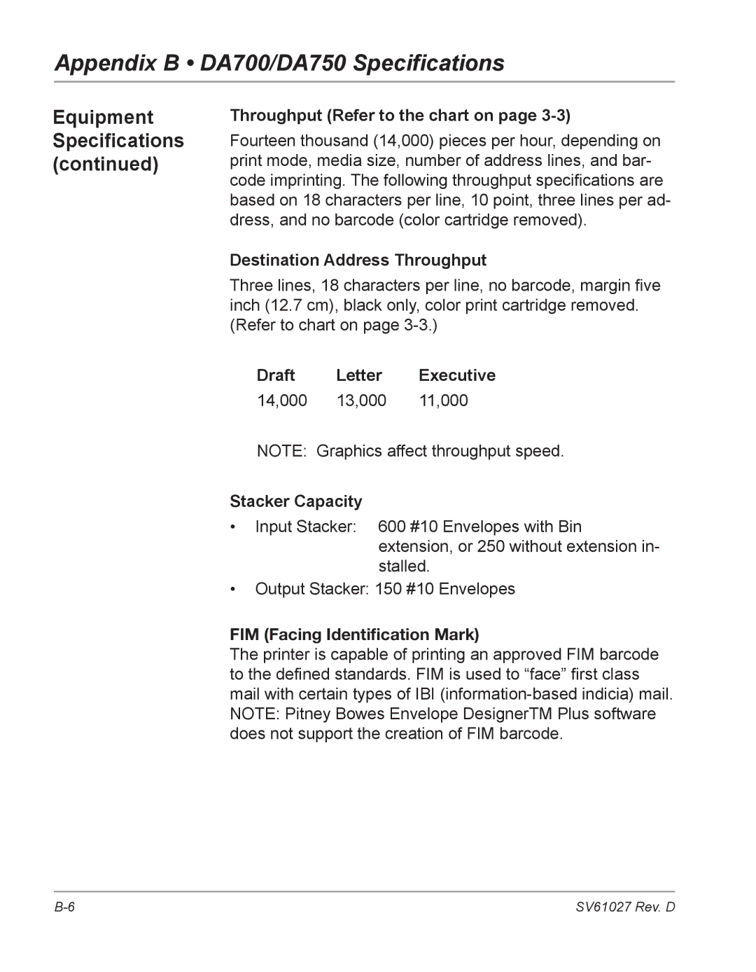 Pitney Bowes DA700, DA750 manual Throughput Refer to the chart on, Destination Address Throughput, Draft Letter Executive 