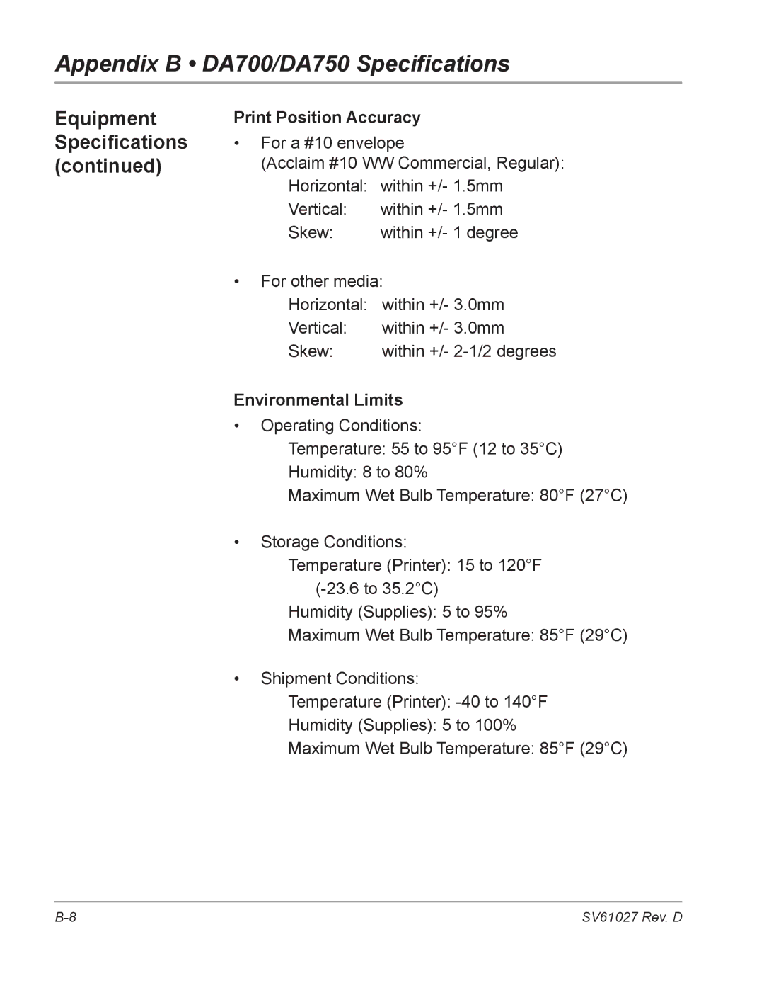 Pitney Bowes DA700, DA750 manual Print Position Accuracy, Environmental Limits 