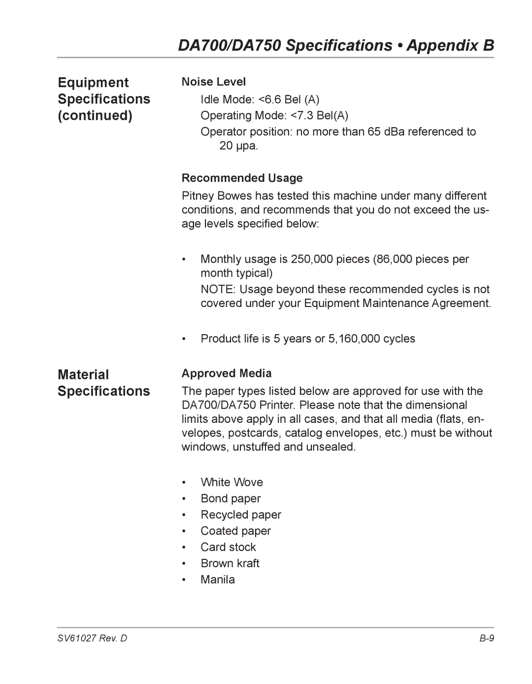 Pitney Bowes DA750, DA700 manual Material Specifications, Noise Level, Recommended Usage, Approved Media 