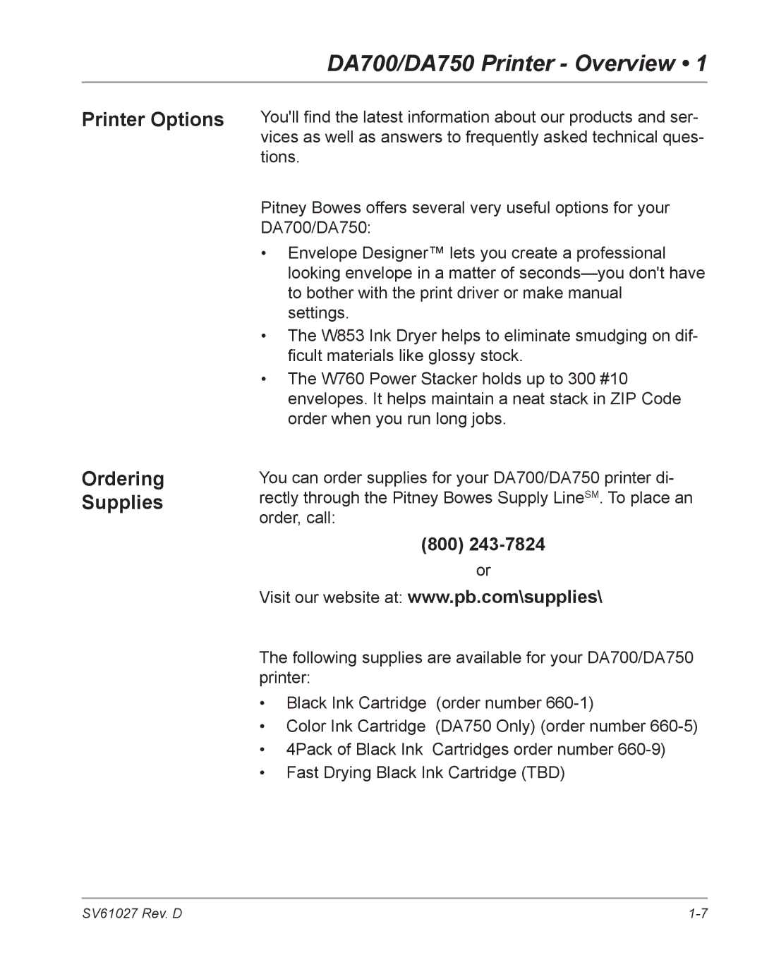 Pitney Bowes DA750, DA700 manual Printer Options Ordering Supplies 