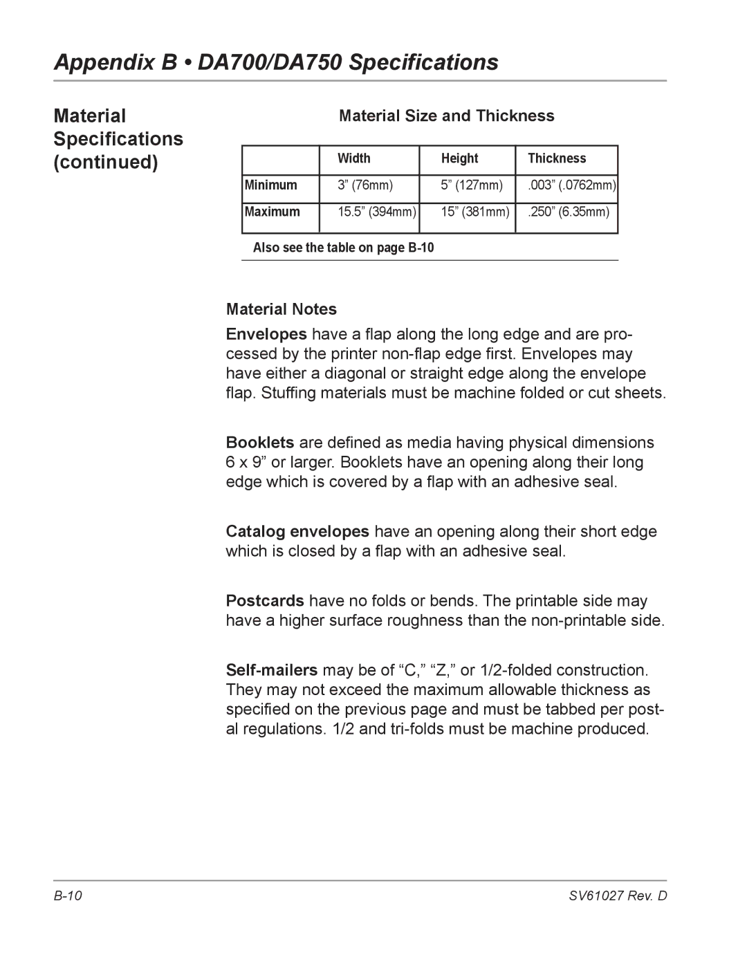 Pitney Bowes DA700, DA750 manual Material Size and Thickness, Material Notes 