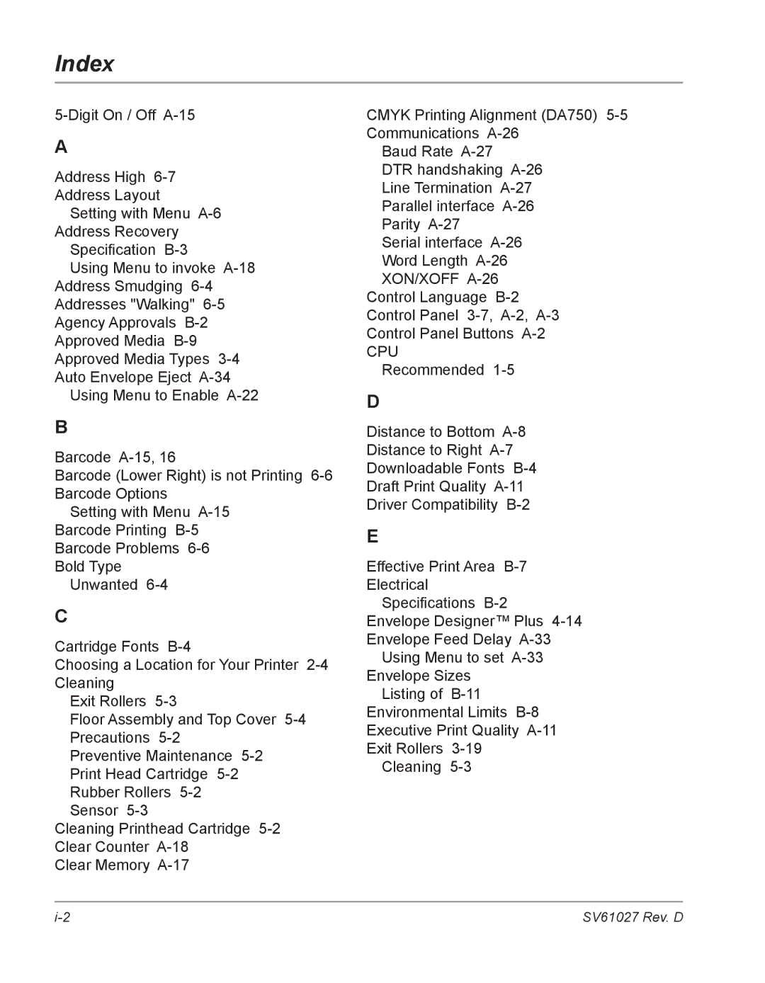 Pitney Bowes DA700, DA750 manual Index 