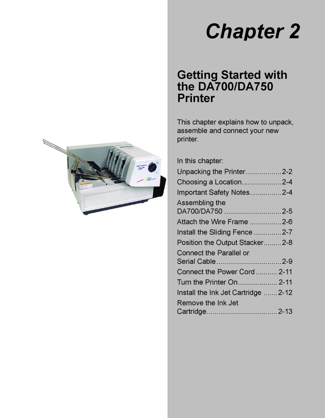 Pitney Bowes manual Getting Started with the DA700/DA750 Printer 