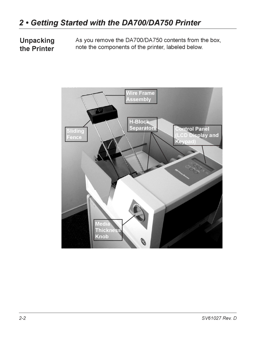 Pitney Bowes manual Getting Started with the DA700/DA750 Printer, Unpacking the Printer 