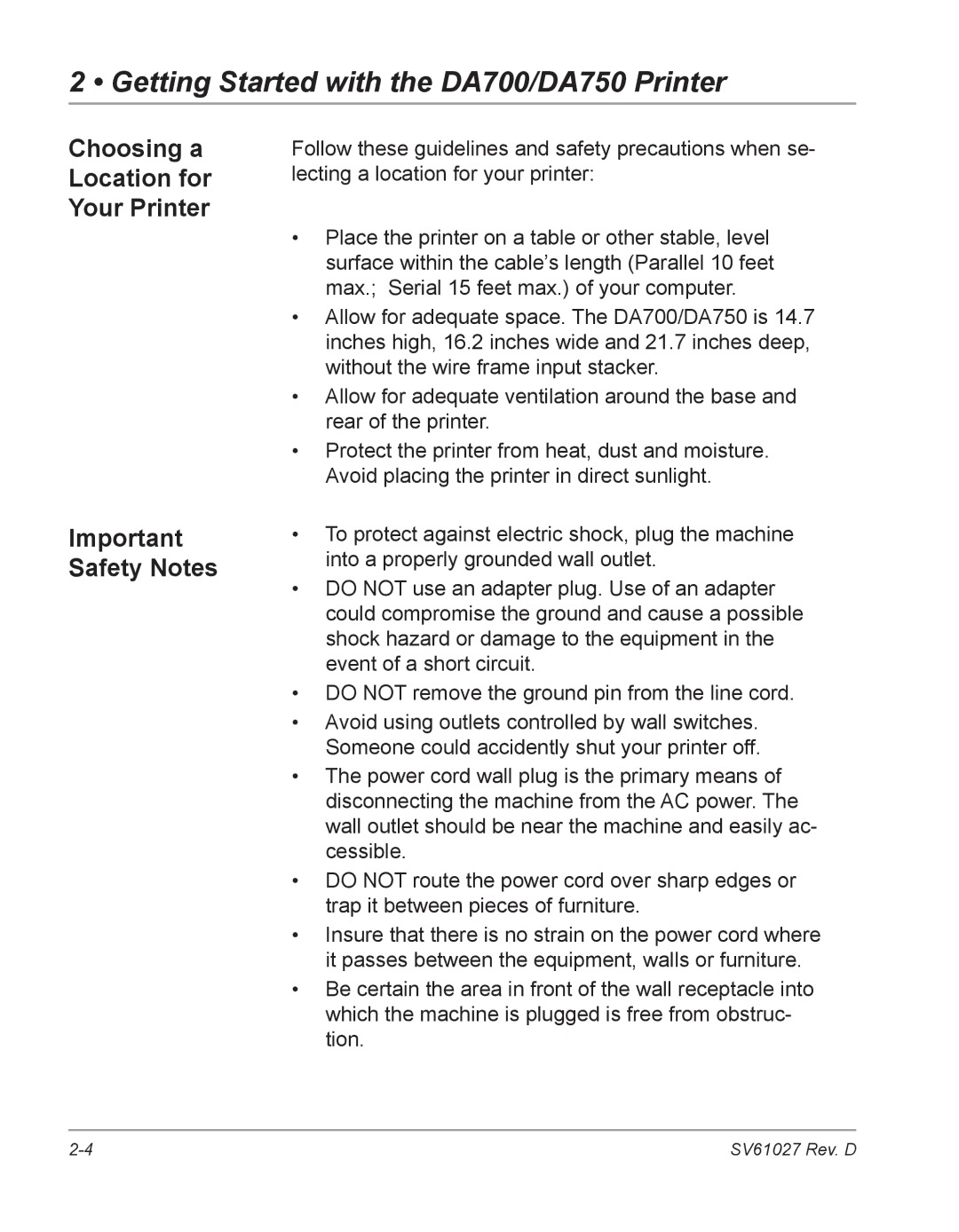 Pitney Bowes DA700, DA750 manual Choosing a Location for Your Printer Important Safety Notes 