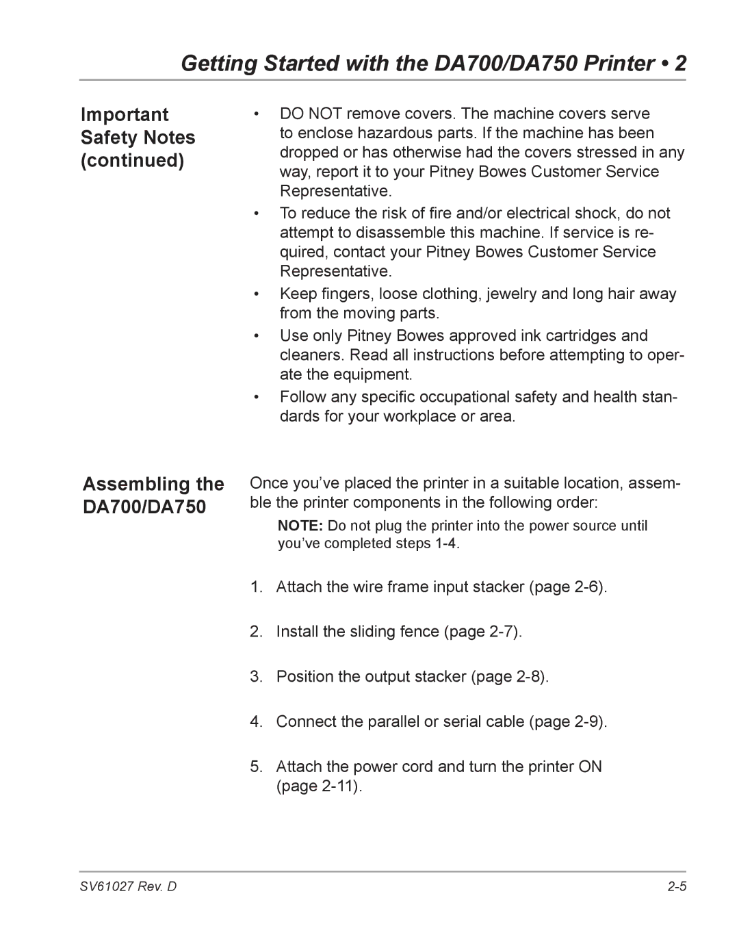 Pitney Bowes manual Important Safety Notes Assembling the DA700/DA750 