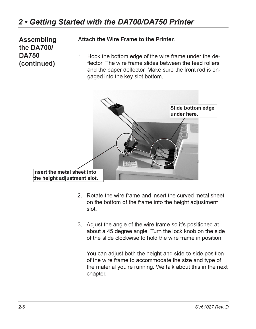 Pitney Bowes manual Assembling the DA700/ DA750, Attach the Wire Frame to the Printer 