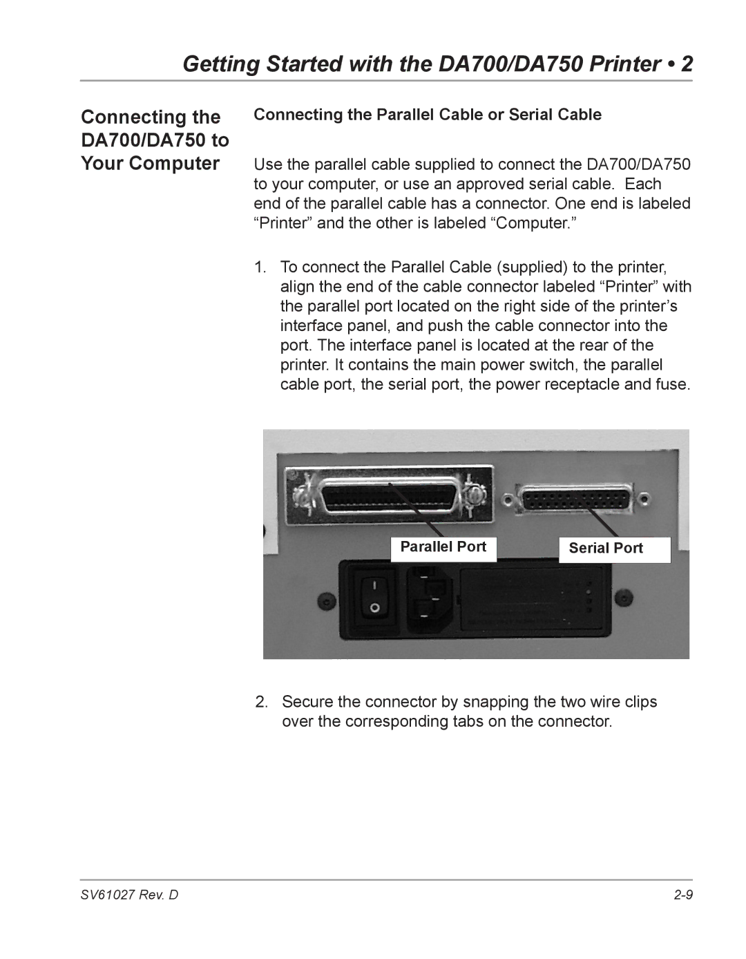 Pitney Bowes manual Connecting the DA700/DA750 to Your Computer, Connecting the Parallel Cable or Serial Cable 