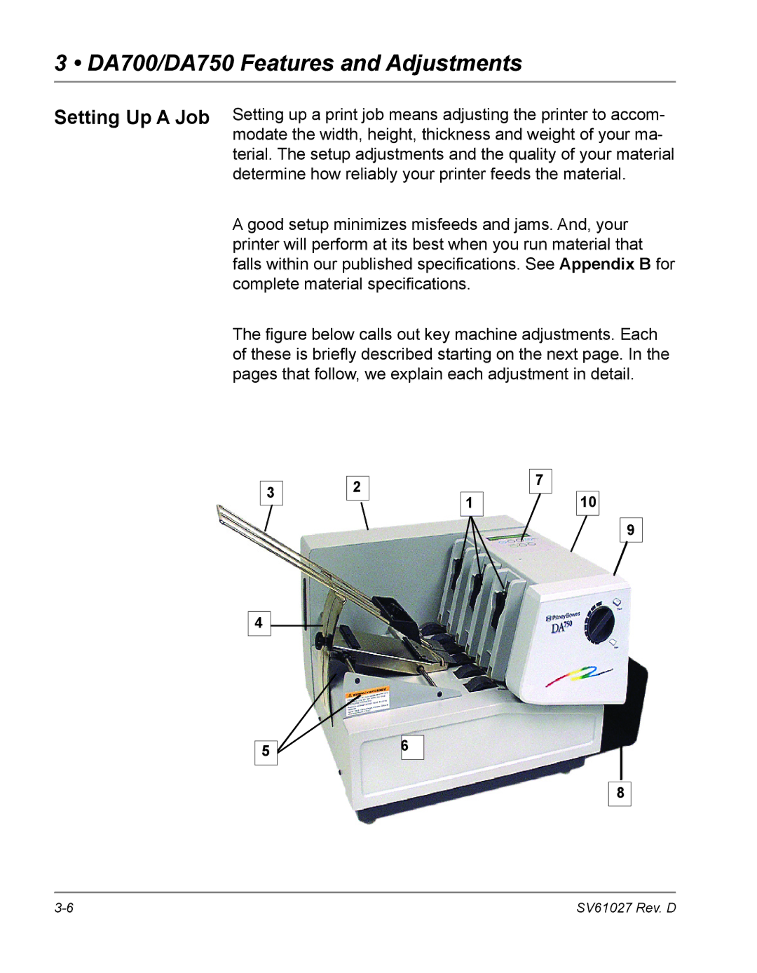 Pitney Bowes DA700, DA750 manual Setting Up a Job, Figure below calls out key machine adjustments. Each 