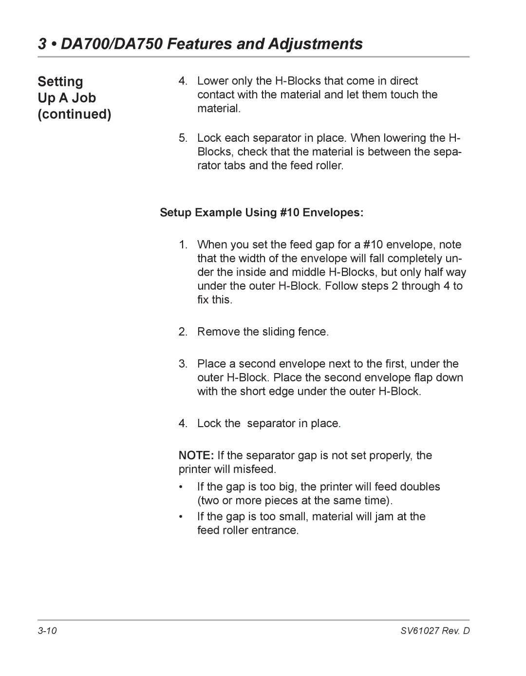 Pitney Bowes DA700, DA750 manual Setup Example Using #10 Envelopes 