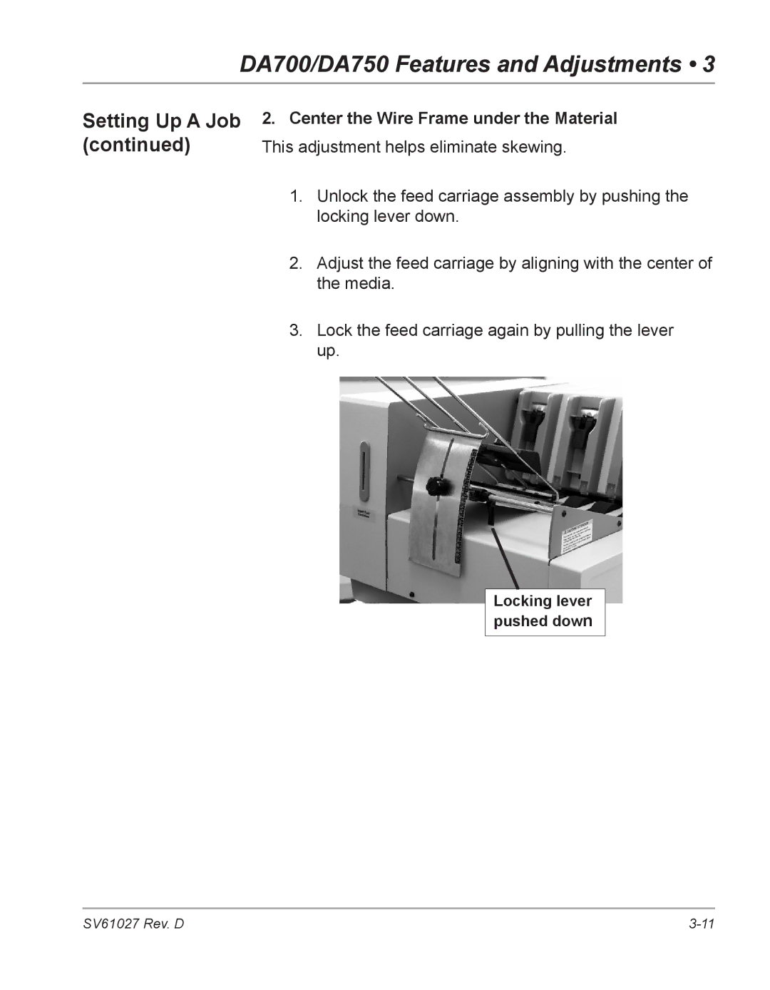 Pitney Bowes DA750, DA700 manual Locking lever pushed down 