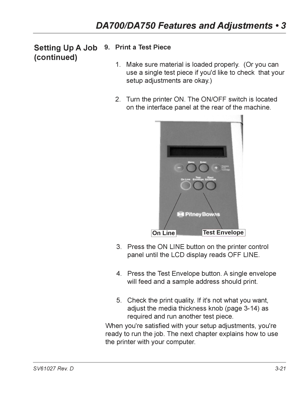 Pitney Bowes DA750, DA700 manual Print a Test Piece 