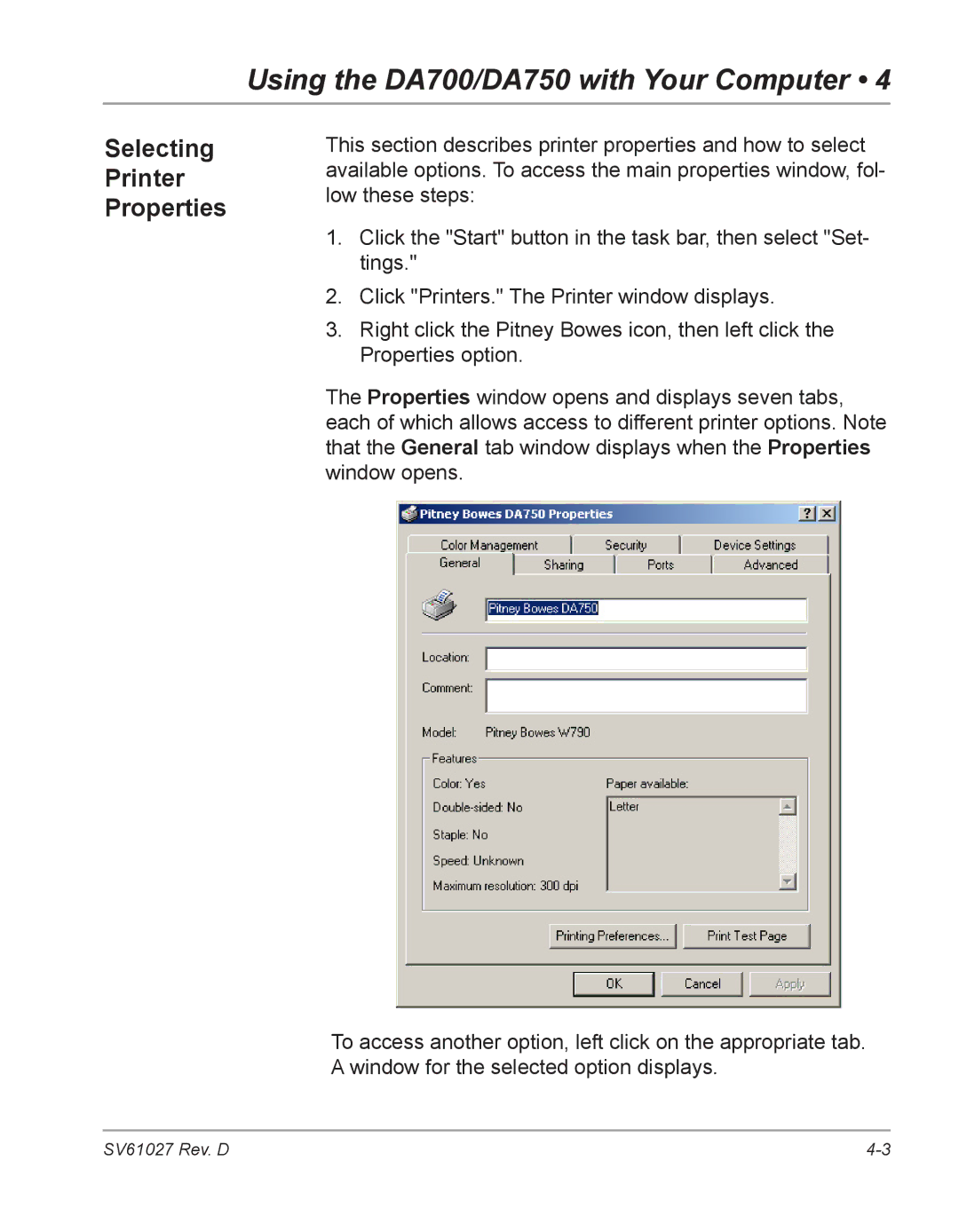 Pitney Bowes DA750, DA700 manual Selecting Printer Properties 