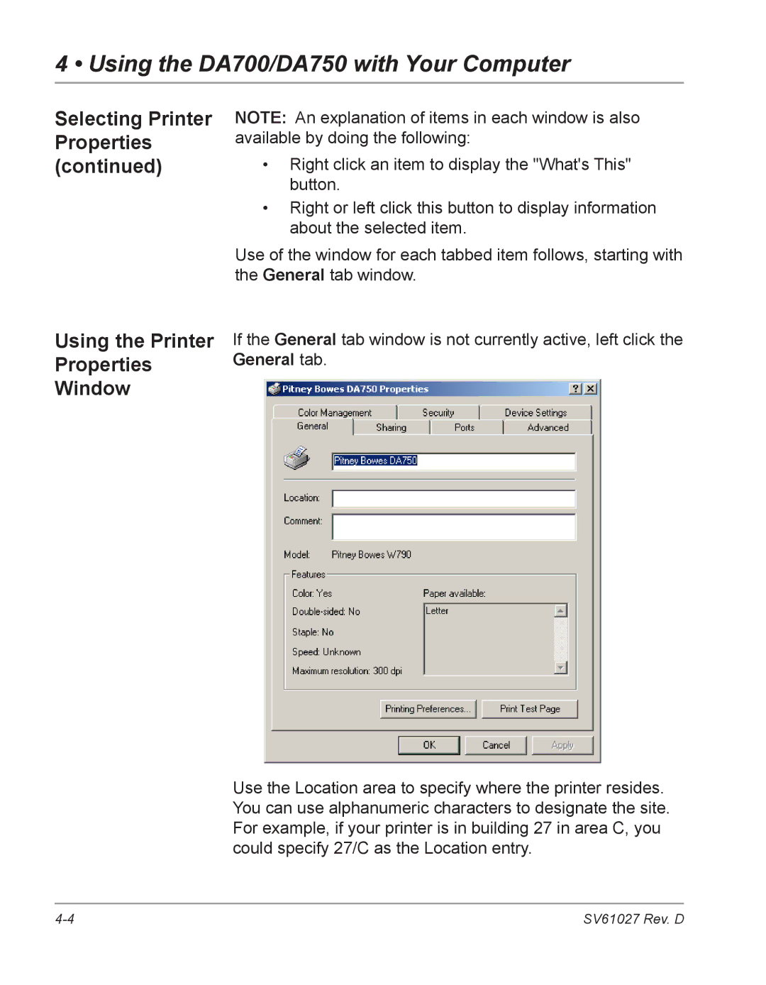 Pitney Bowes DA700, DA750 manual Selecting Printer Properties Using the Printer Window, General tab 