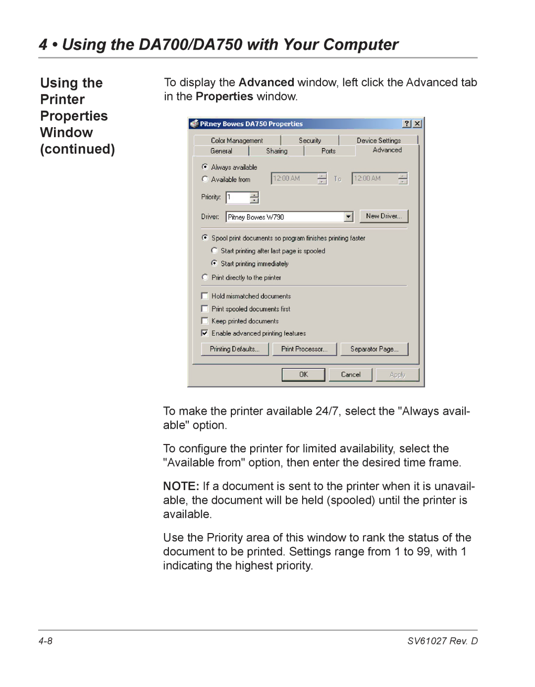 Pitney Bowes DA700, DA750 manual To display the Advanced window, left click the Advanced tab 