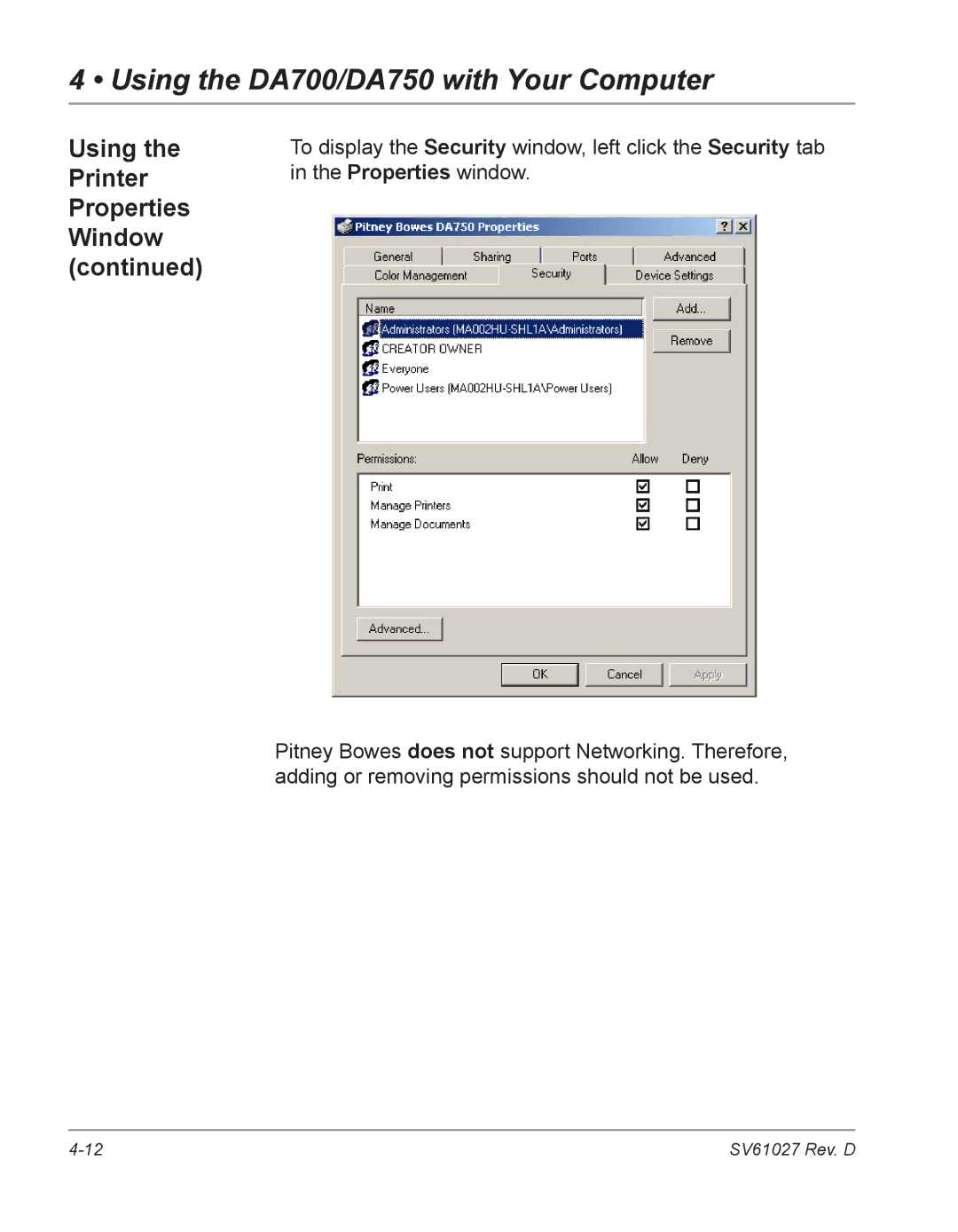 Pitney Bowes DA700, DA750 manual To display the Security window, left click the Security tab 