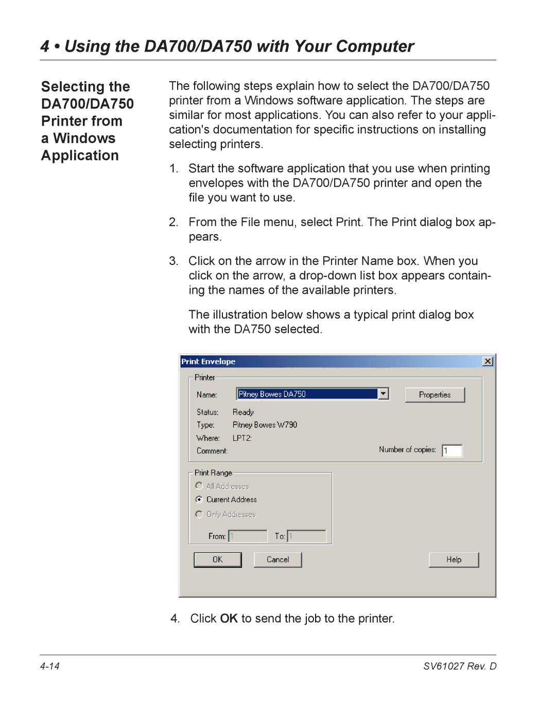 Pitney Bowes manual Selecting the DA700/DA750 Printer from Windows Application 