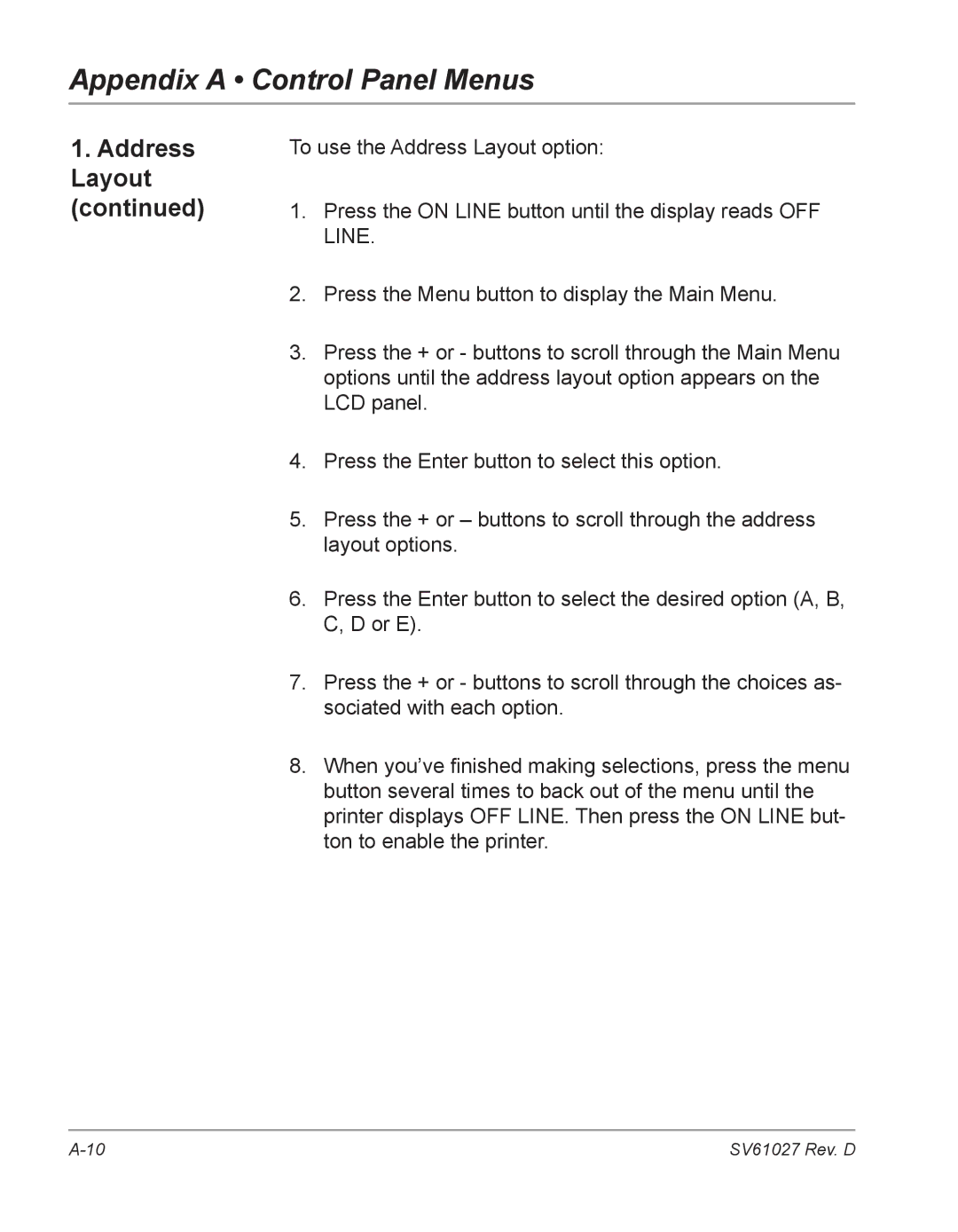 Pitney Bowes DA700, DA750 manual Appendix a Control Panel Menus 