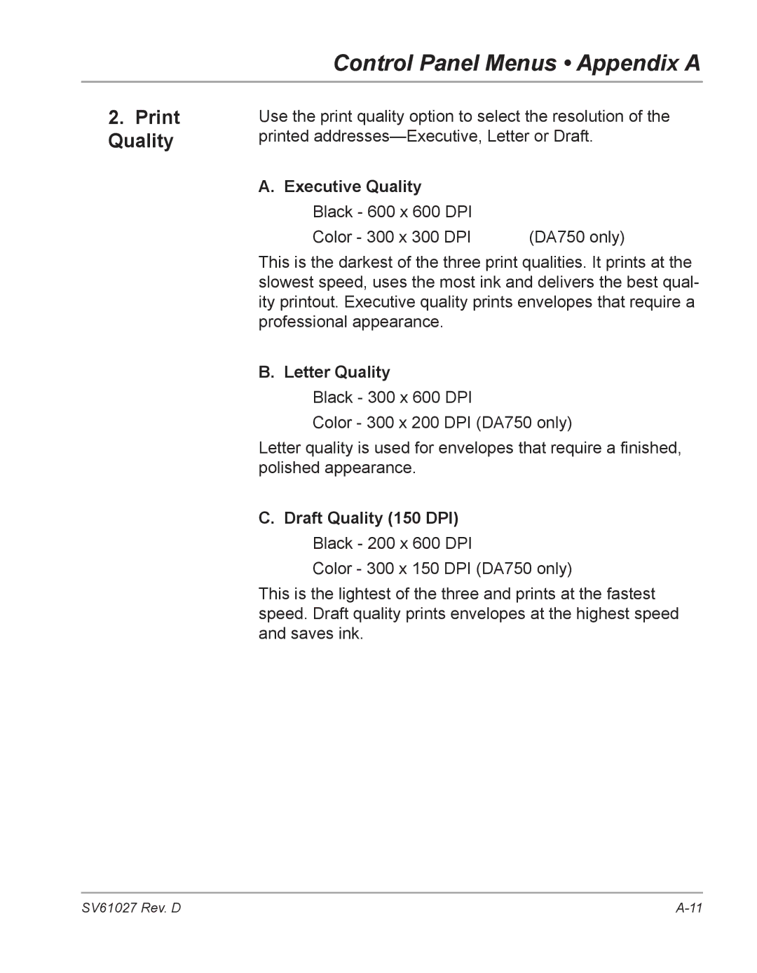 Pitney Bowes DA750, DA700 manual Print Quality, Executive Quality, Letter Quality 