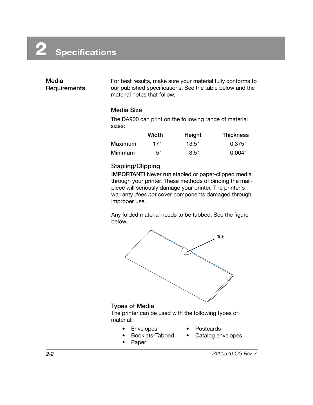 Pitney Bowes DA900 manual Specifications, Media Requirements, Media Size, Stapling/Clipping, Types of Media 