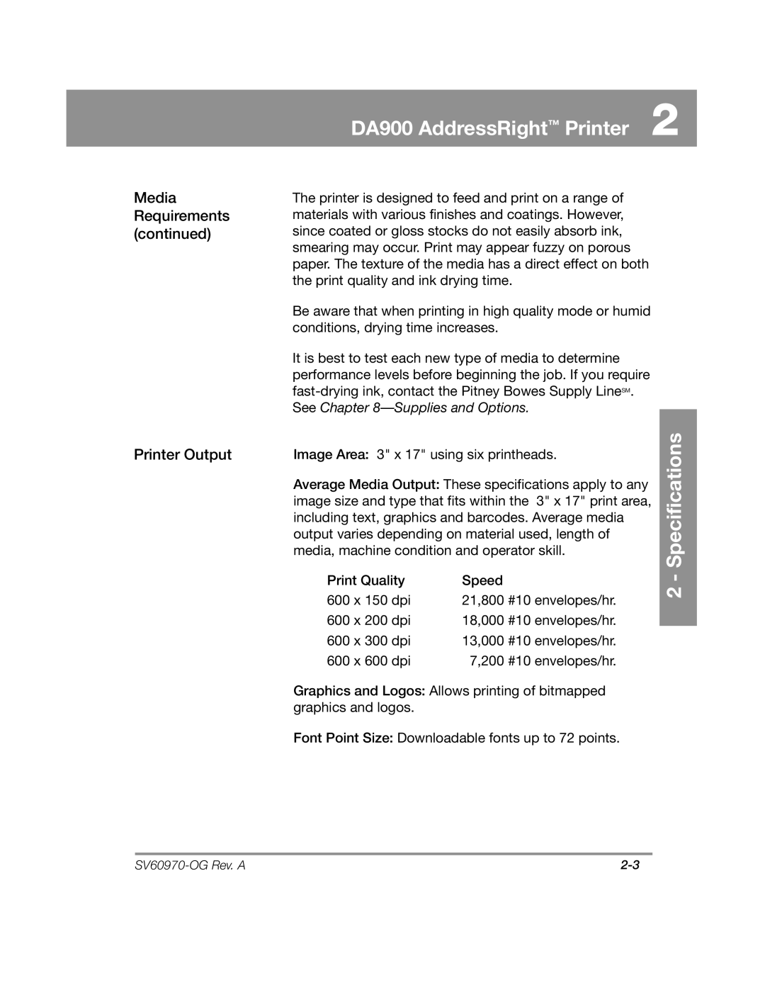 Pitney Bowes manual DA900 AddressRight Printer, Media Requirements Printer Output 