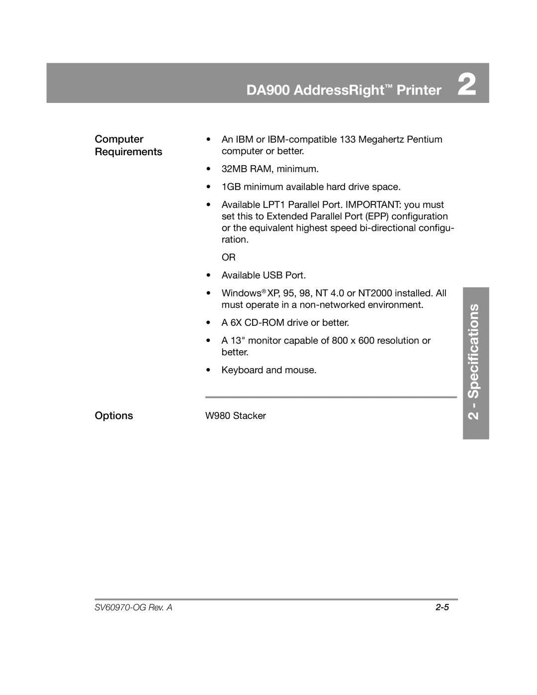 Pitney Bowes DA900 manual Computer Requirements Options 