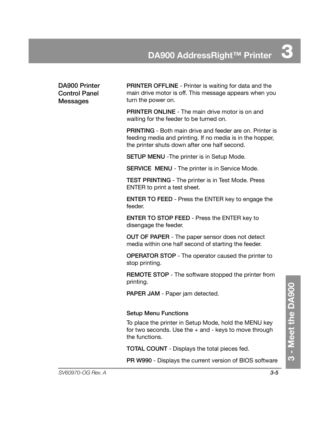 Pitney Bowes manual DA900 Printer Control Panel Messages 