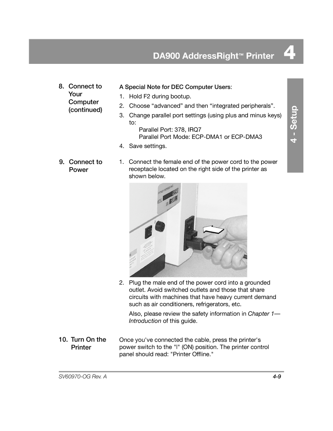 Pitney Bowes DA900 manual Change parallel port settings using plus and minus keys 