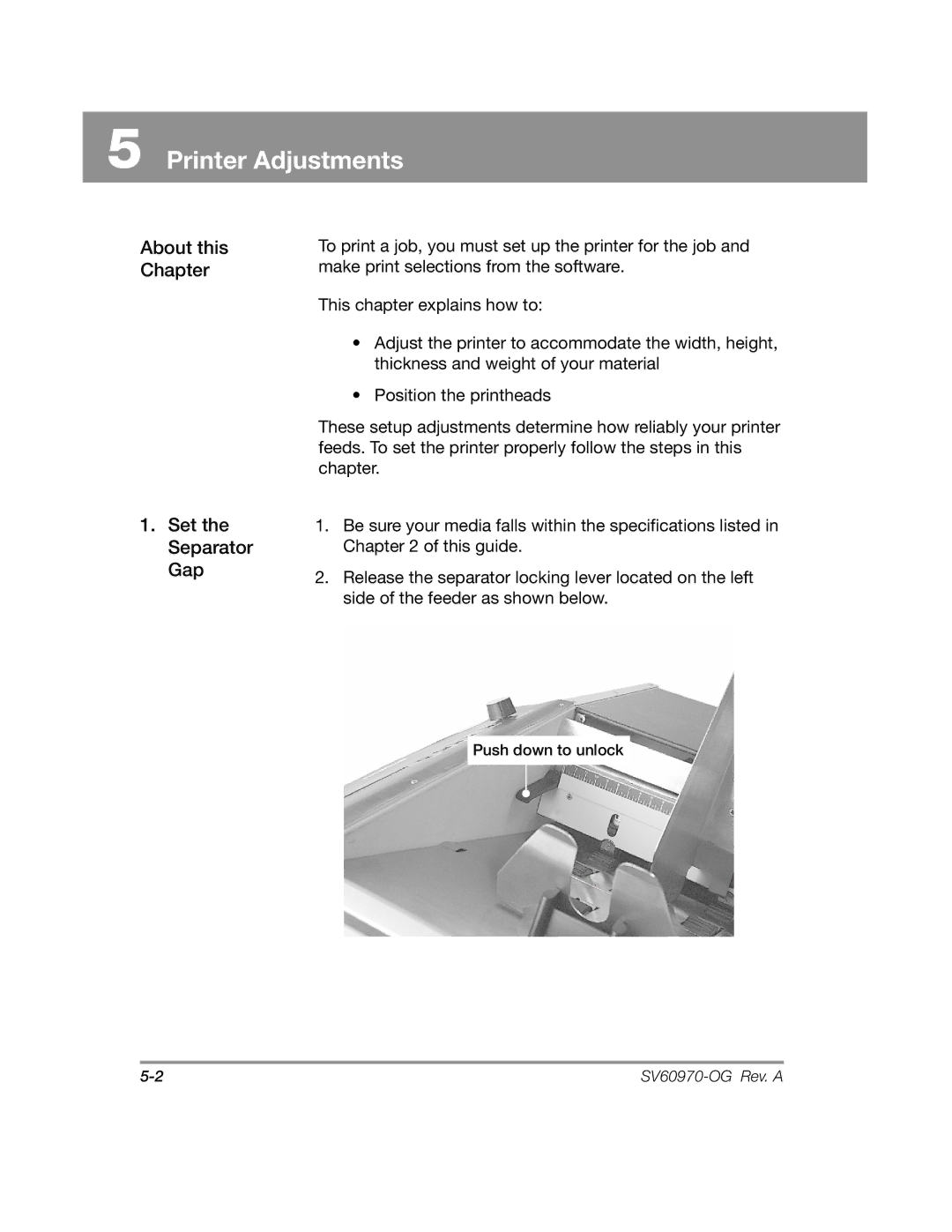 Pitney Bowes DA900 manual Printer Adjustments, About this Chapter Set the Separator Gap 