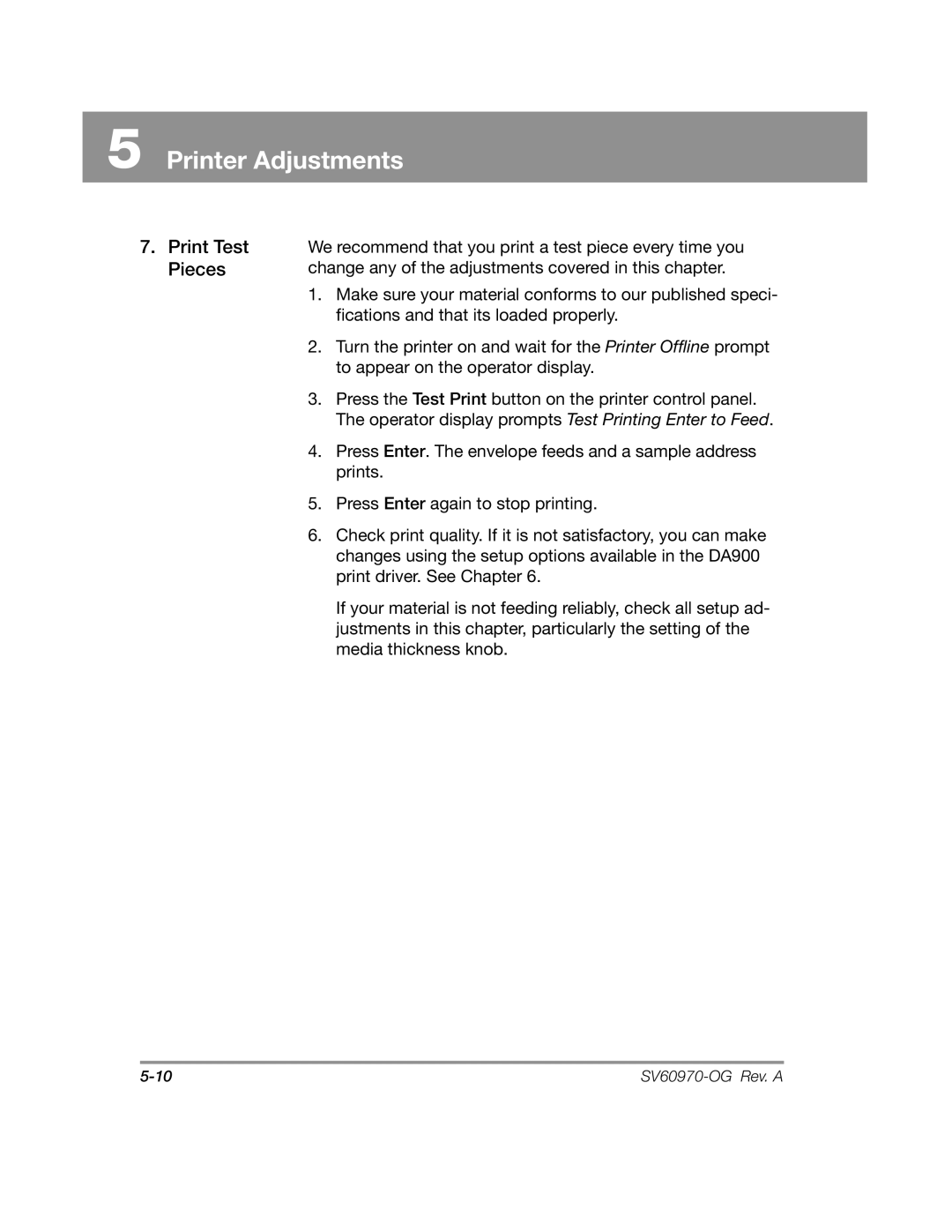 Pitney Bowes DA900 manual Print Test Pieces 