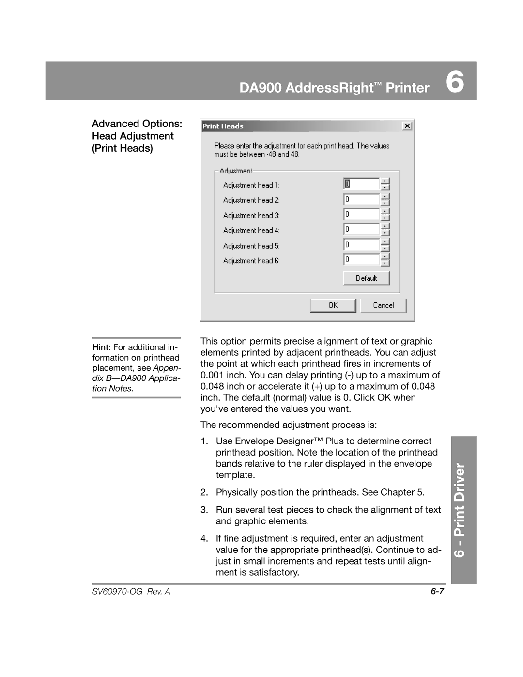 Pitney Bowes DA900 manual Advanced Options Head Adjustment Print Heads 